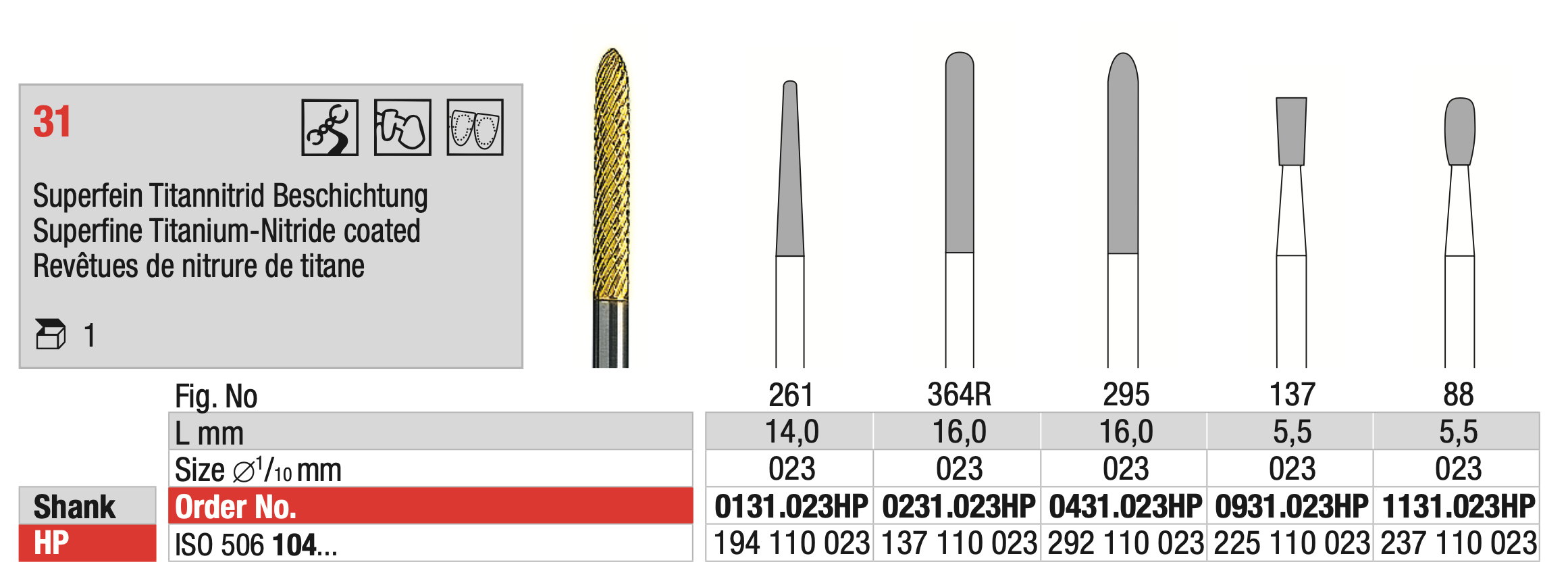 Tungsten carbide cutters - Superfine Titanium-Nitride coated - Cut 31 - ISO 506 104