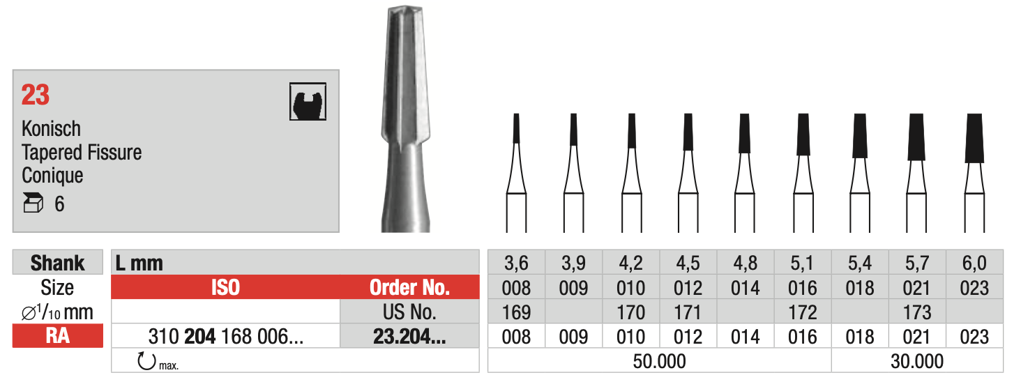 Tapered Fissure Steel Bur - ISO 310 204 168 006