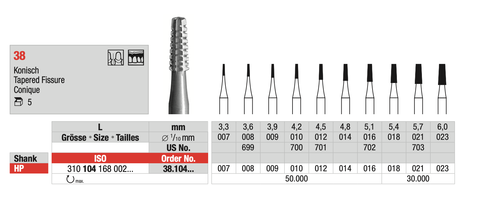 Tapered Fissure Steel Bur - ISO 310 104 168 002