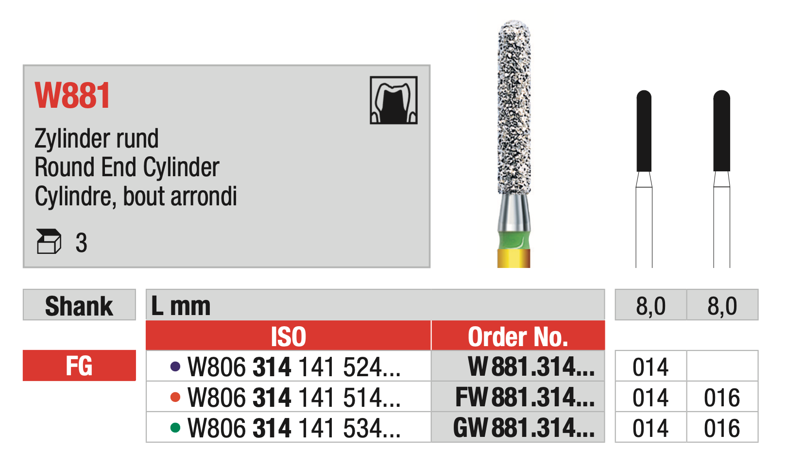 WhiteTiger Multilayer Diamond Bur FG - Round End Cylinder