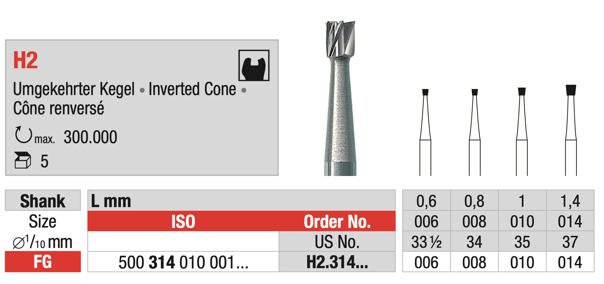 Tungsten carbide Bur - Inverted Cone - FG Shank