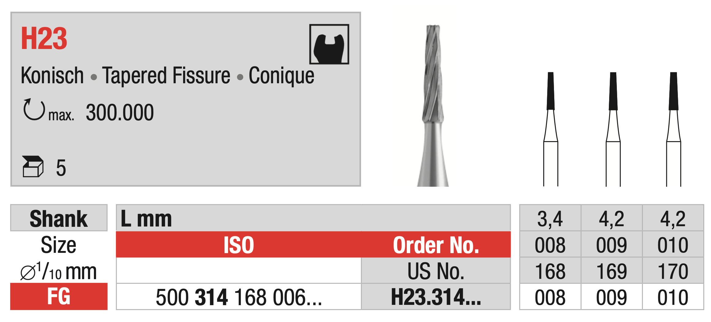 Tungsten carbide Bur - Tapered Fissure - FG Shank