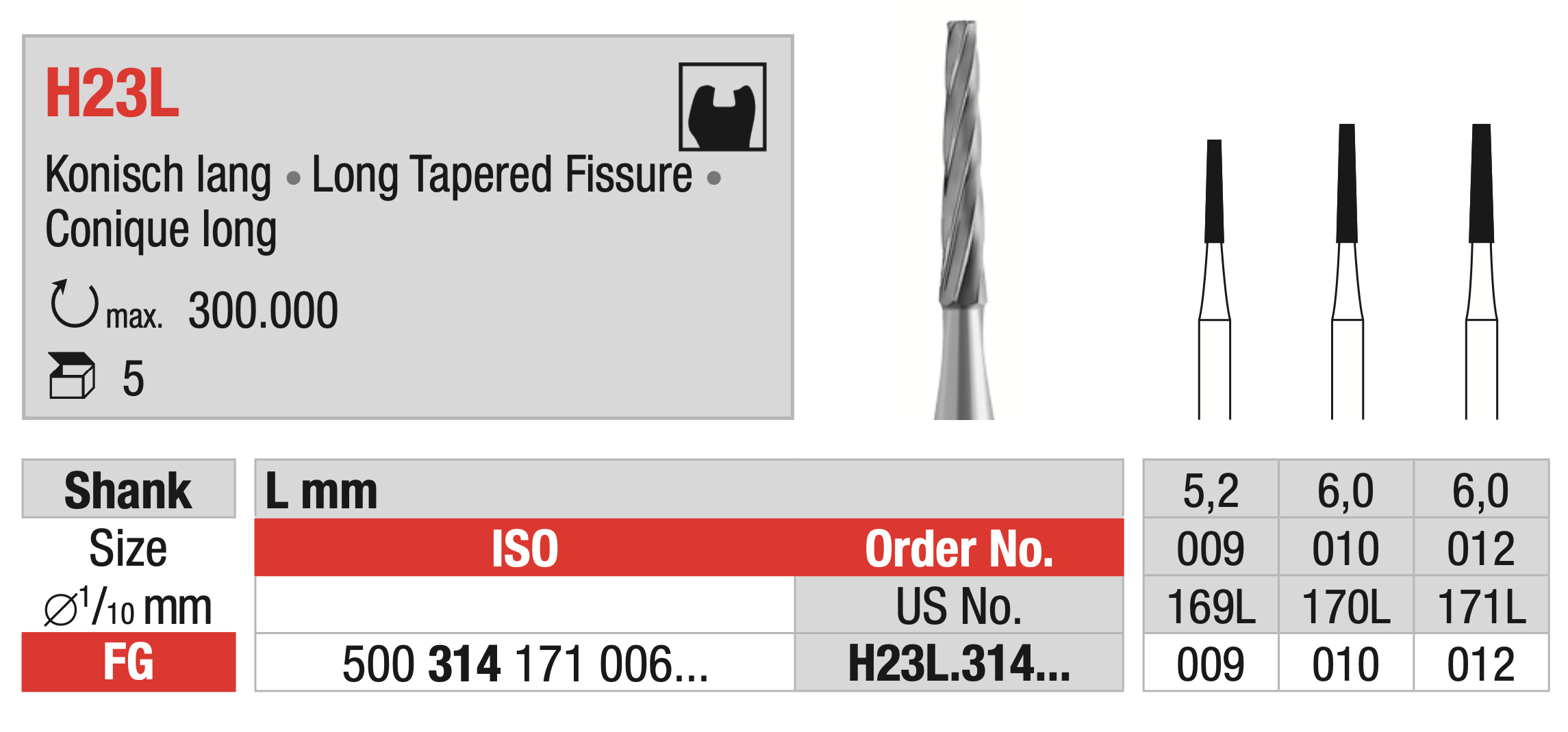 Tungsten carbide Bur - Long Tapered Fissure - FG Shank