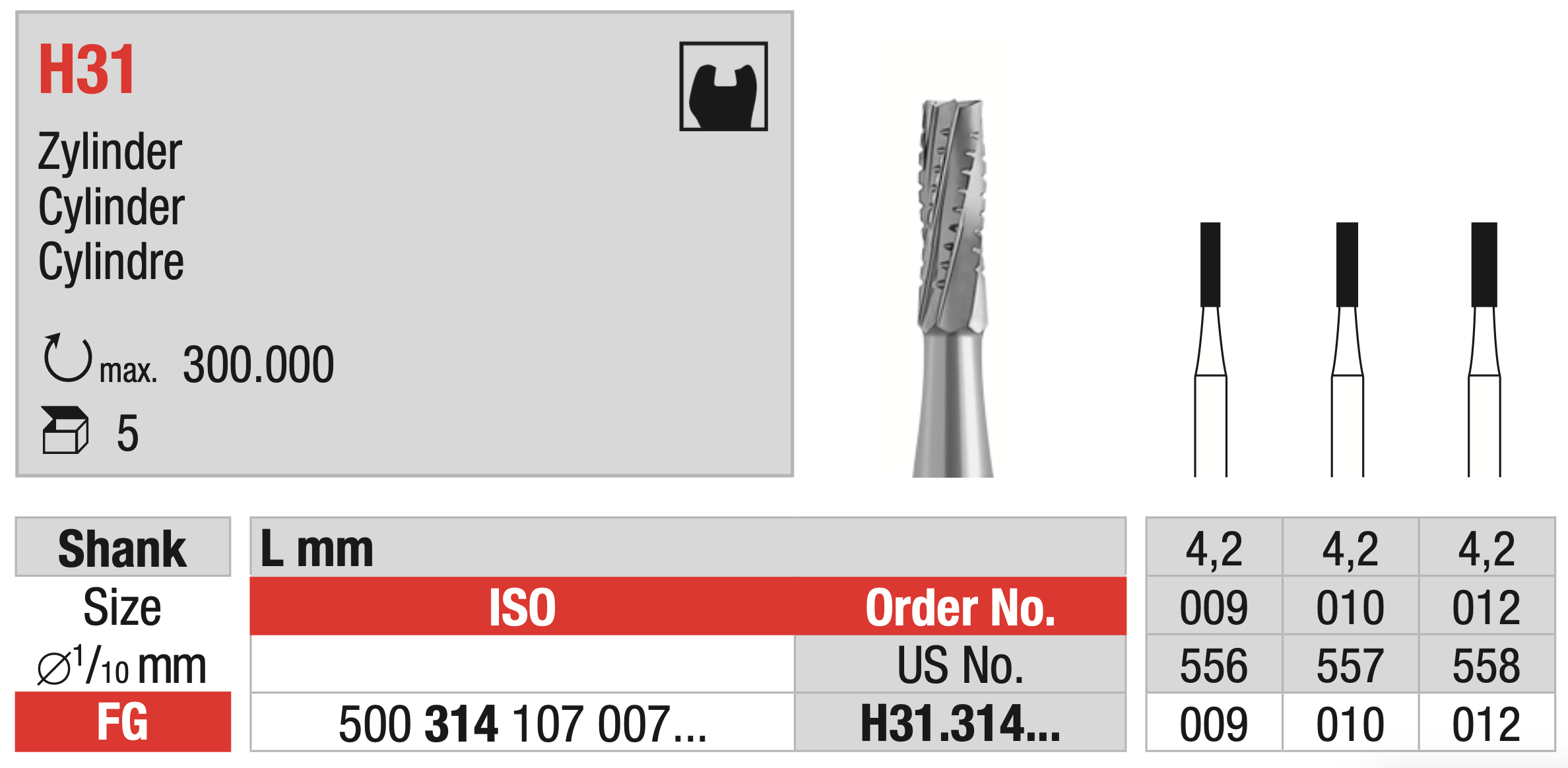 Tungsten carbide Bur - Cylinder - FG Shank - H31