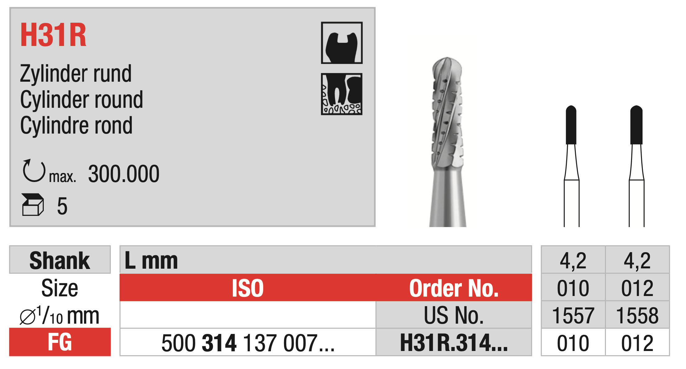 Tungsten carbide Bur - Cylinder round - FG Shank
