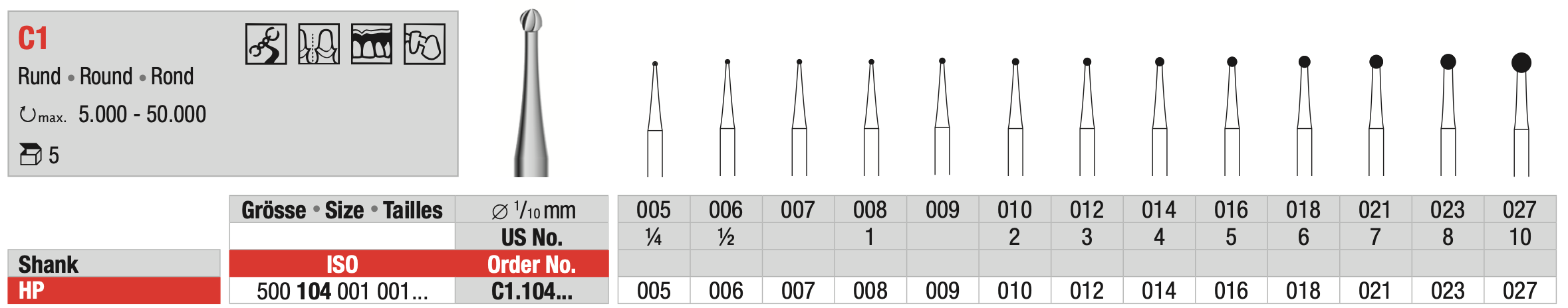 Tungsten carbide Bur - Round - HP Shank