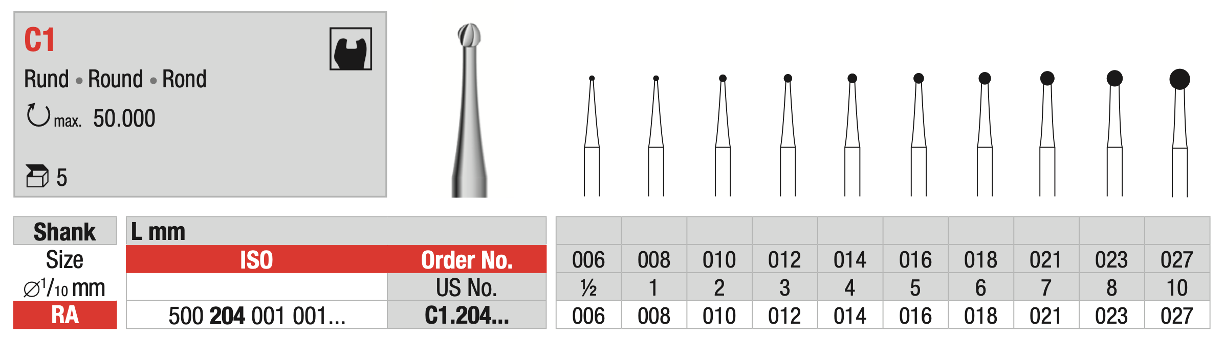 Tungsten carbide Bur - Round - RA Shank - C1