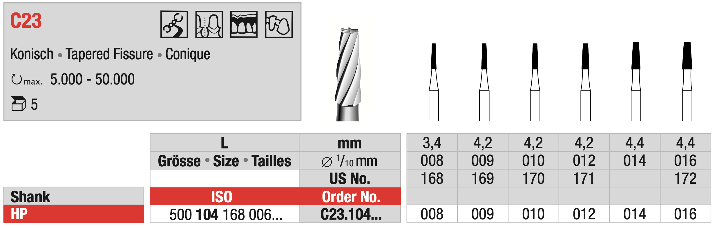 Tungsten carbide Bur - Tapered Fissure - HP Shank - C23