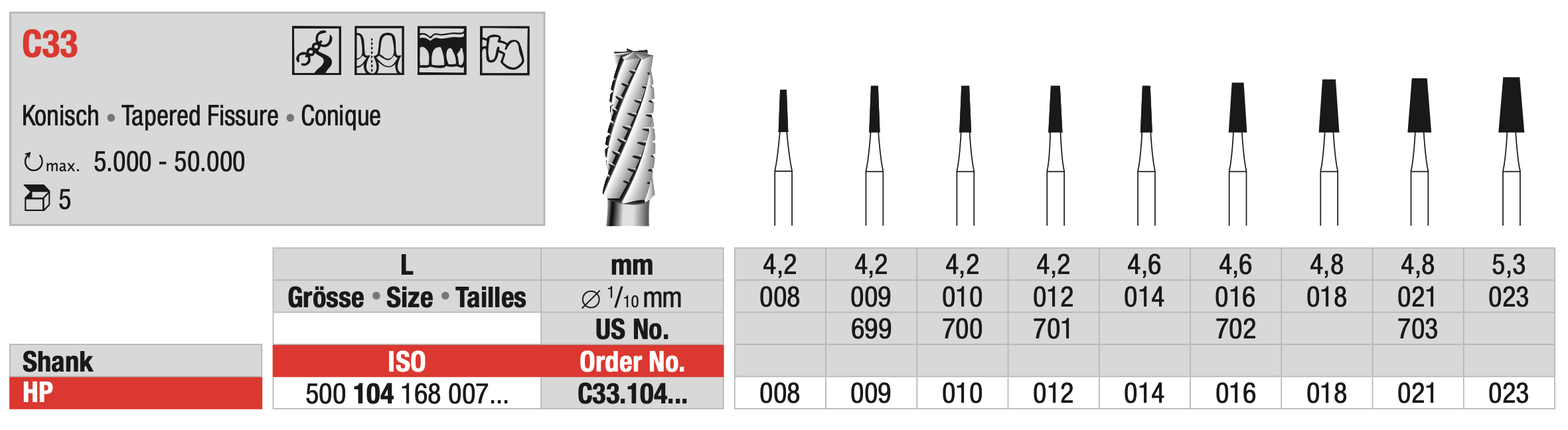 Tungsten carbide Bur - Tapered Fissure - HP Shank - C33
