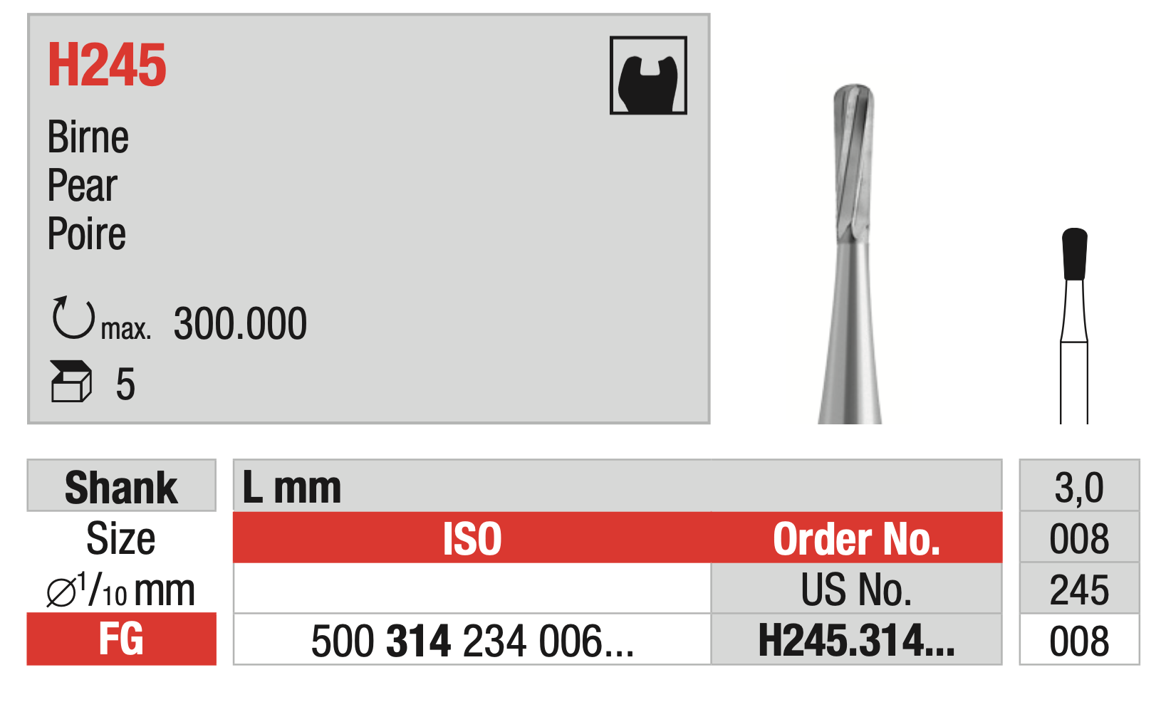 Tungsten carbide Bur - Pear - FG Shank - H245