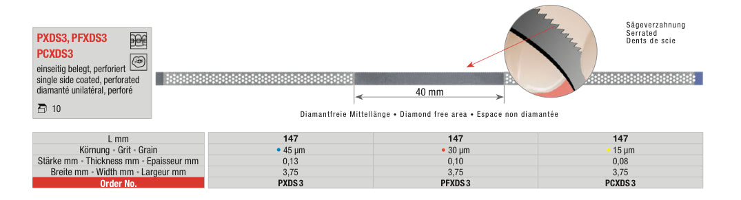 Diamond finishing strip - single side coated, perforated (serrated)