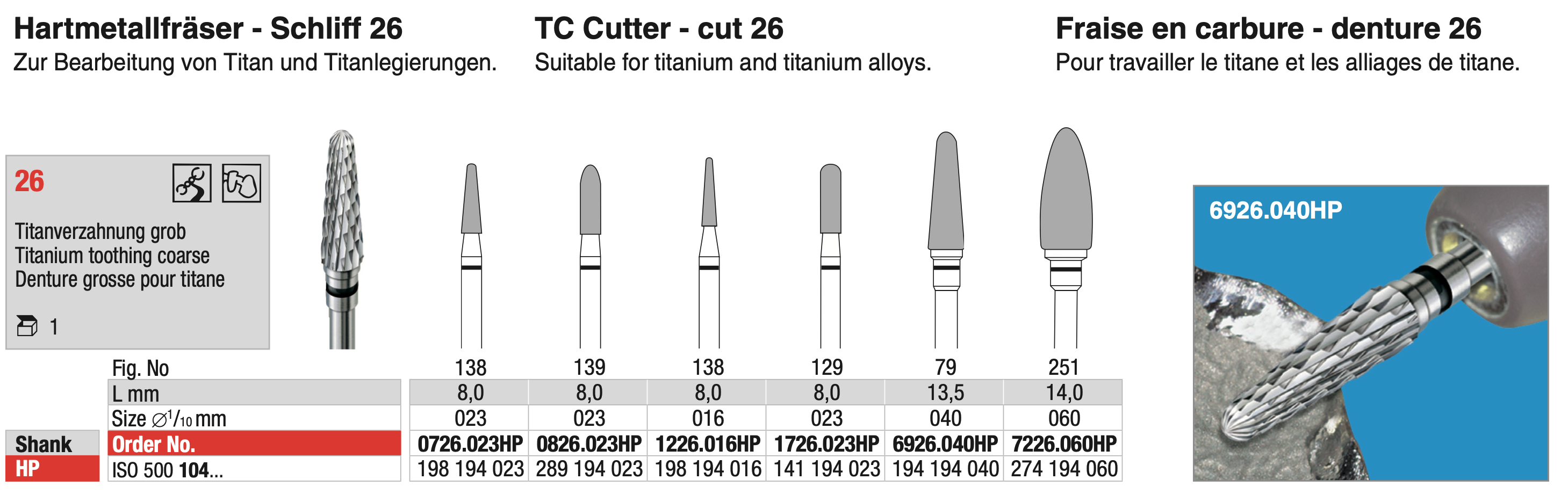Tungsten carbide cutters - Titanium toothing coarse - Cut 26 - ISO 500 104