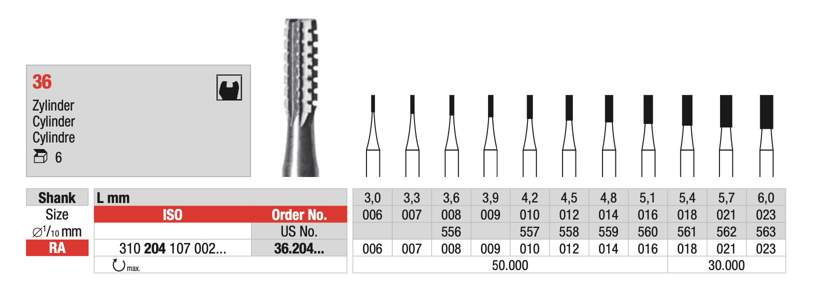Cylinder Steel Bur - ISO 310 204 107 002