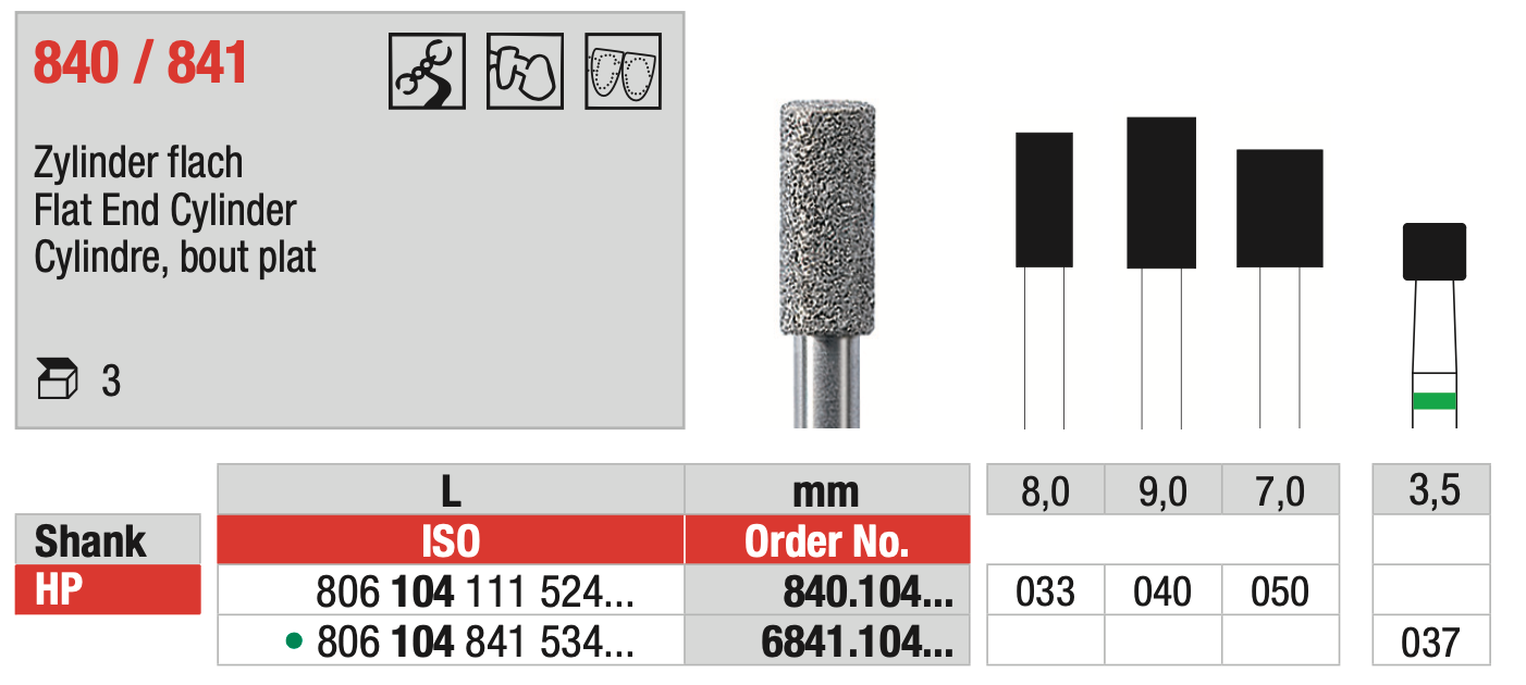 Cylinder Flat End Diamond Bur HP - ISO 806 104 111 524