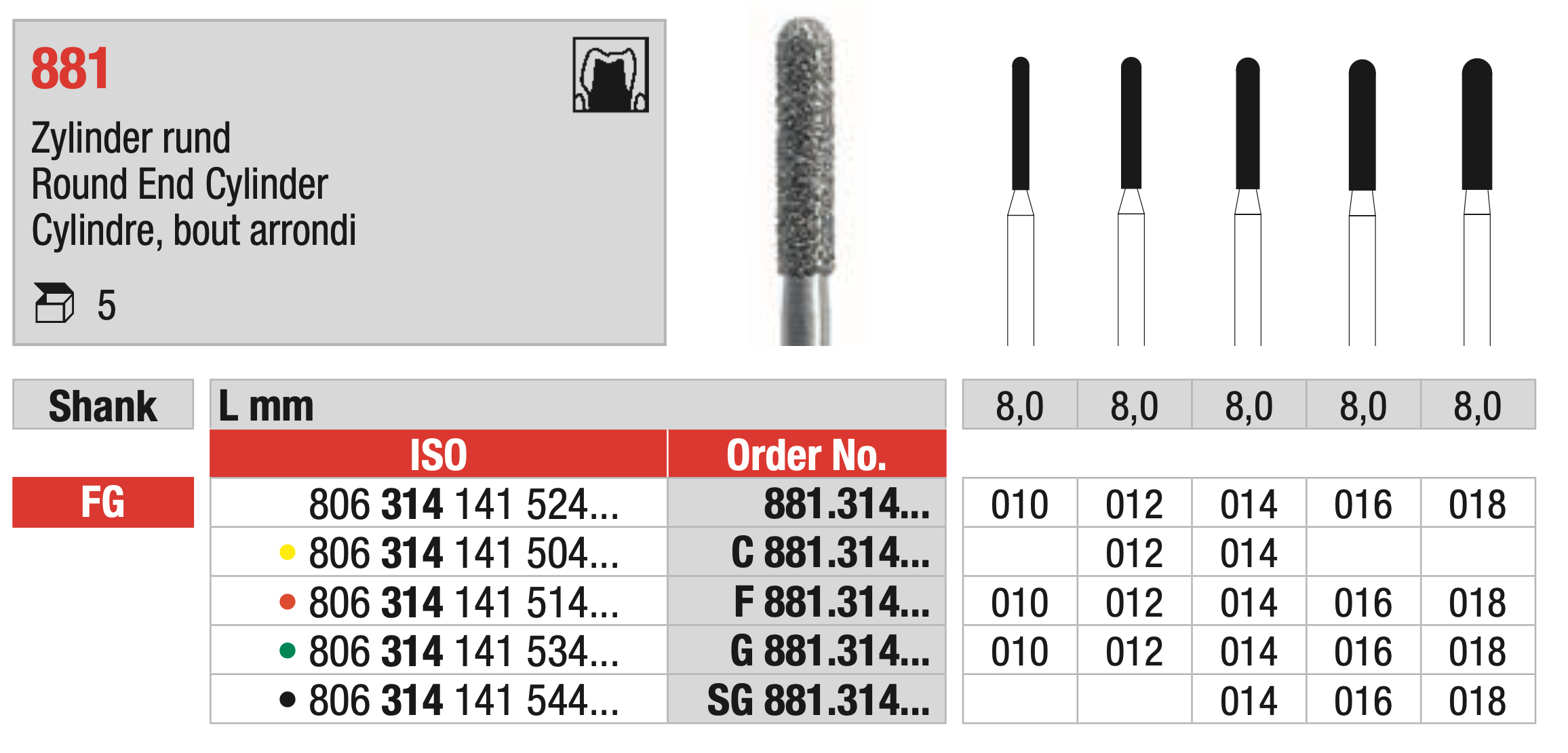 Round End Cylinder Diamond Bur FG - ISO 806 314 141