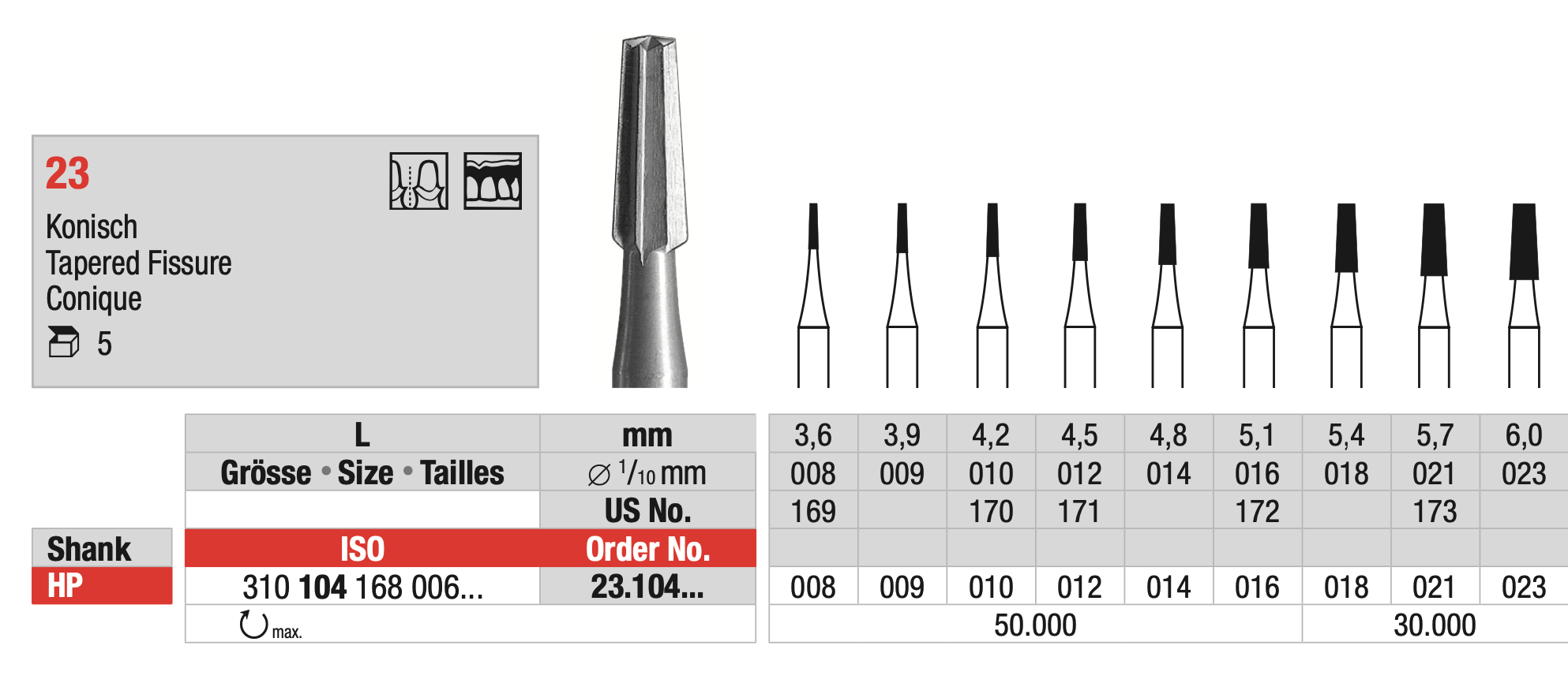 Tapered Fissure Steel Bur - ISO 310 104 168 006