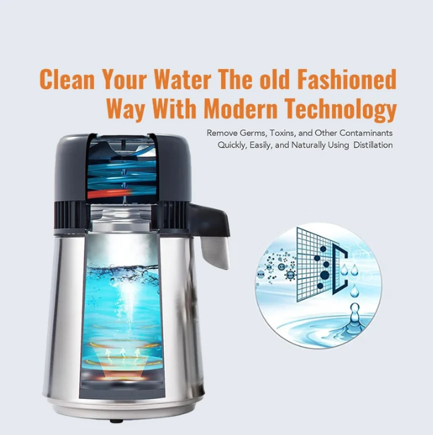 Water Distiller Device- AQUA-S Model- Stainless Steel with Black- 4L