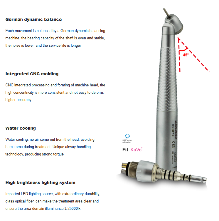 Handpiece Kit- HF19 Standard Push Optical High Speed Contra Angle Handpiece (6 Holes)+ SQ-A3 Quik Coupling