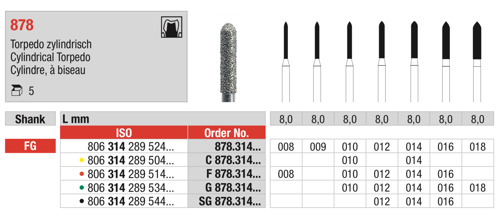 Cylindrical Torpedo Diamond Bur FG - ISO W806 314 289